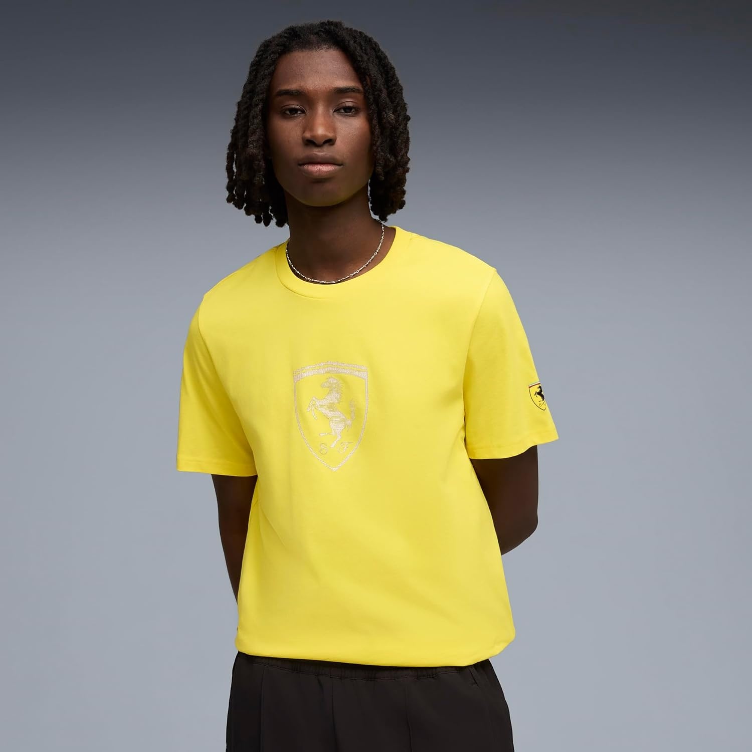 image:imagePUMA Mens Scuderia Ferrari Tonal Shield Graphic Crew Neck Short Sleeve Casual Tops Casual BlackYellow