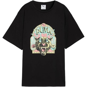 PUMA Womens Graphic Fest Relaxed Crew Neck Short Sleeve Casual Tops Casual – Black(Black)